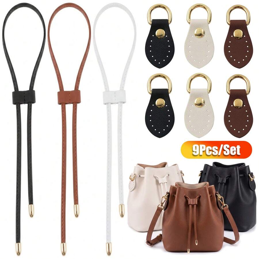 3+6Pcs PU Leather Drawstring Replacement With Purse Strap Mount Hook For Handbag Bucket Bag Detachable PU Pull String Strap Sew On Leather Buckle Bag Side D-Ring Clips For DIY Bag Making - 9Pcs/Set - View 1