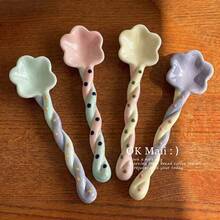 1SET Candy Color Cute Long Handle Ceramic Spoon, Cartoon Dessert Spoon, Hand-Painted Ice Cream Spoon, Asymmetrical Twisted Handle, Colorful Kitchen Utensils, Suitable For Stirring, Serving And Entertaining, Yogurt Spoon - View 12