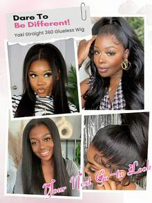 Wig Rambut Manusia Lurus Yaki dengan Tali Tersembunyi, Kepadatan 180%, Tanpa Lem, Wig Siap Pakai, Wig Lace Frontal Pra-cabut dan Pra-potong untuk Wanita - Natural Black - View 9