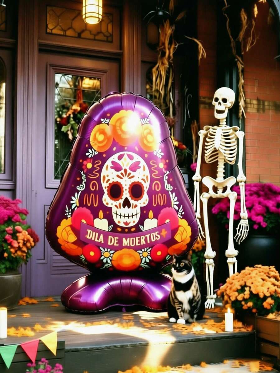 1pc Standing Undead Purple Triangle Tombstone Day Of The Dead Theme Aluminum Foil Balloon, Suitable For Day Of The Dead Decoration, Halloween Theme Decor, Indoor/Outdoor Scene Arrangement, Horror Party Props, Escape Room Scene Supplies - Multicolor - View 1
