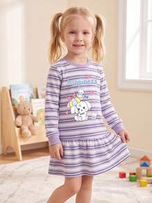 Gaun Lengan Panjang Motif Garis-Garis Kartun Terbaru Musim Semi/Gugur, Gaun Sweatshirt Longgar Leher Bulat, Cocok Untuk Anak Perempuan Usia 3 Tahun Ke Atas - Mauve Purple - View 4