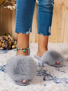 Fashionable Versatile Winter Plush Slides Women's Minimalist Open Toe Warm Slippers Solid Color Casual Home Flat Slippers - Grey - View 2