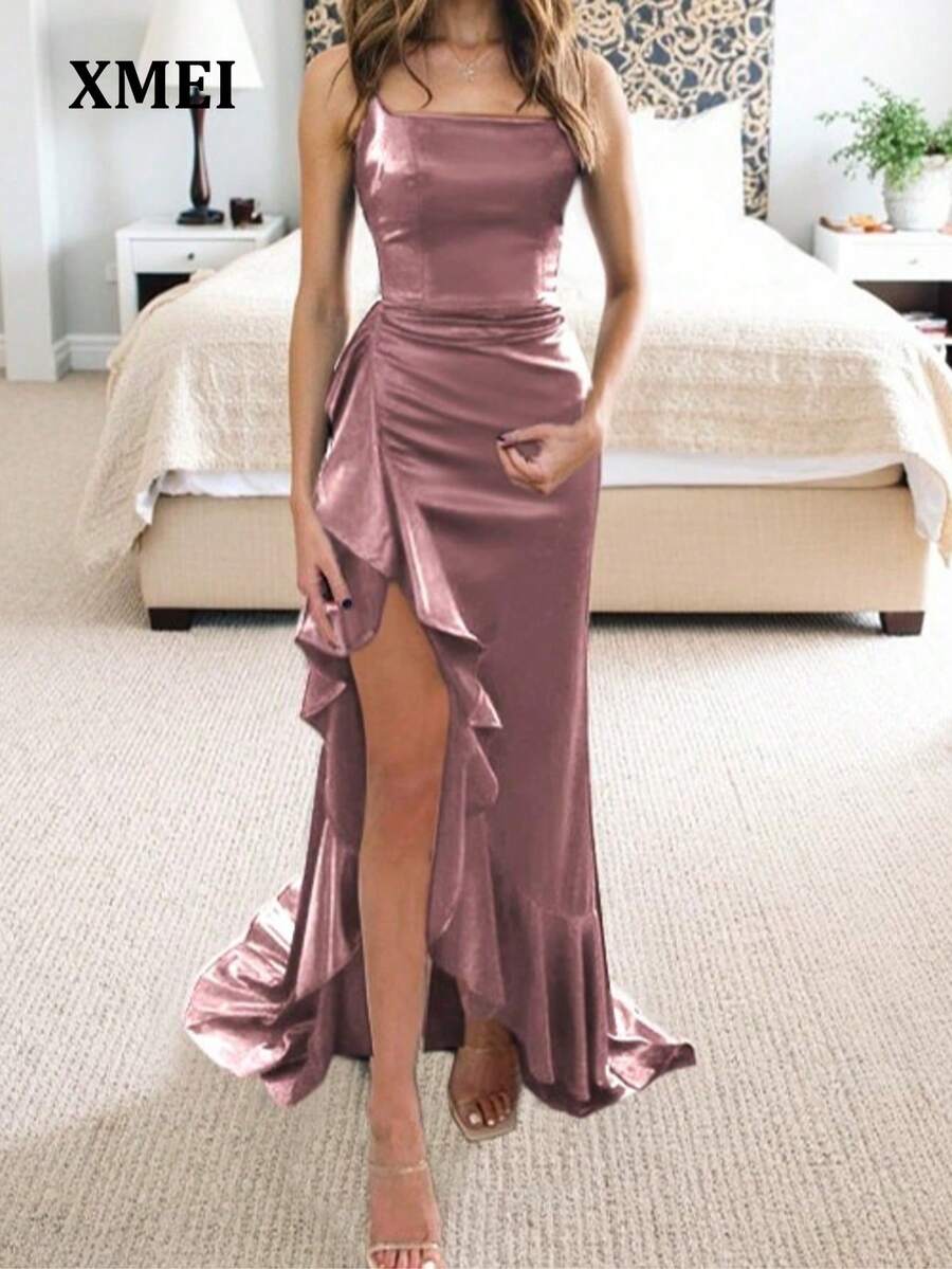 Elegant Sexy Ruffle Hem Spaghetti Strap Dress, Suitable For Spring/Summer Vacation And Beach Wear