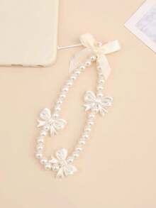 Cream Pearl Bow Phone Lanyard, Handmade Beaded Wrist Strap, Cute Ins Style Phone Decor, Universal Anti-Lost Phone Chain For All Phone Cases, Multi-Use Accessory As Keychain, Bag & CCD Camera Pendant, Sweet Girly Bow Design, Glossy Pearl Texture, Perfect Gift For Women, Mom, Friends, Ideal Present For Birthday & Holiday, Portable Short Wrist Strap For Daily, Travel And Party - Multicolor - View 4