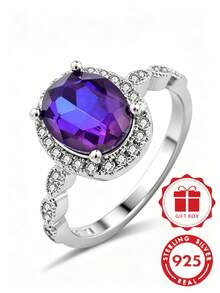 1pc 925 Sterling Silver Purple Cubic Zirconia Women's Ring, Women's Jewelry, Size 6-10, Fashionable & Simple For Daily Wear, Gift With Gift Box - Silver - View 9