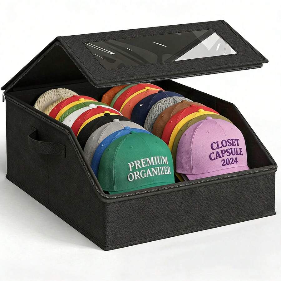 1pc Sturdy Baseball Cap Storage Box, Can Hold Up To 24 Hats, Transparent Hat Organizer Box, Suitable For Closet And Bedroom, Large Hat Box With Cardboard Lining.