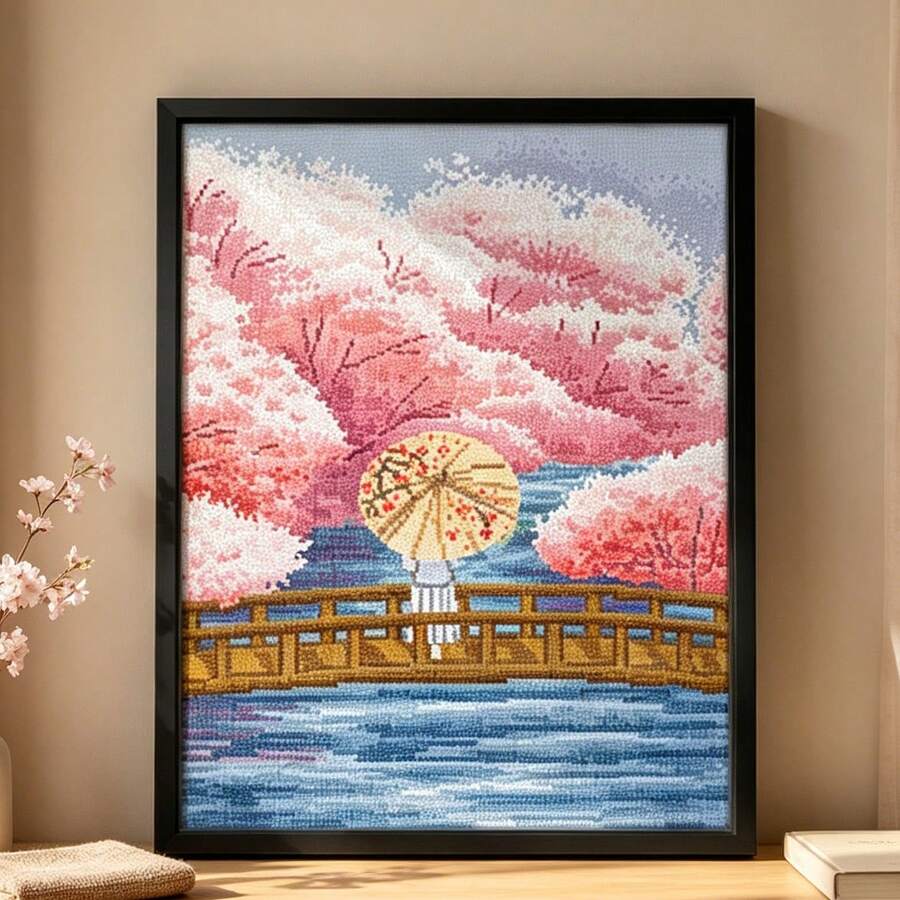 1pc Spring Cherry Blossom Landscape Bridge & Stream Cross Stitch Kit, Full Set For Beginners, DIY Home Wall & Desktop Decorative Painting, Stress Relief Handmade Gift