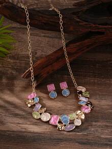 Cring Coco 3Pcs Women Multicolor Pastel Enamel Jewelry Set Golden Tone Chunky Statement Necklace Drop Earrings Open Cuff Bracelet Color Block Matching Jewellery - Geometry 1 - View 4