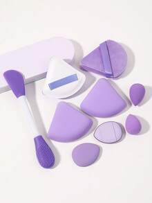 10 PCS Taro Purple All-In-One Beauty Tool Set, Mini Teardrop Makeup Sponges, Heart Cushion Puffs, Triangle Velvet Puffs, Foundation Setting & Cleaning Kit - Multicolor - View 11