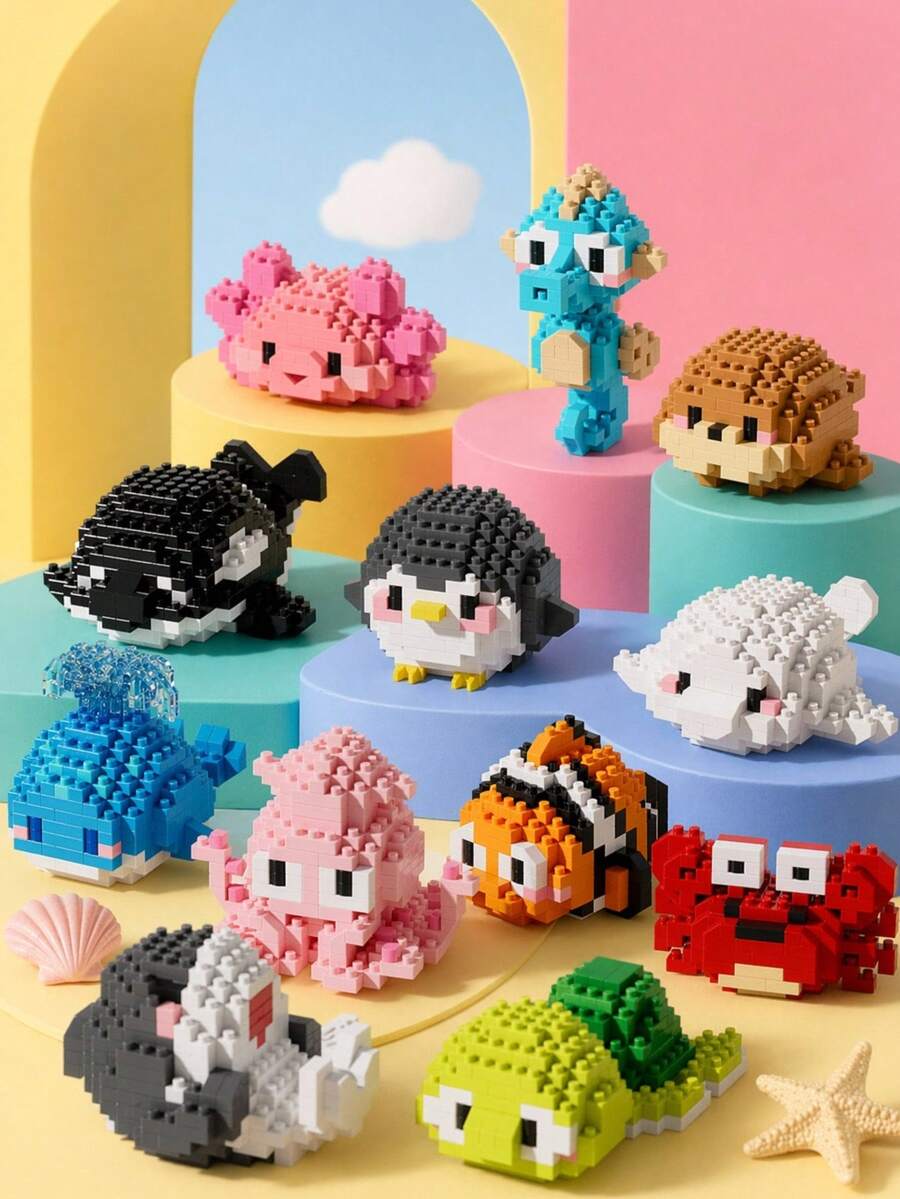 12 Kinds Of Marine Animal Building Block Model Assembly Toys, 150-272 Pieces Of Building Block Particles, Small Particle Mini Building Block Assembly Educational Toys. The Ocean Series Is Suitable For Collection By Building Block Enthusiasts