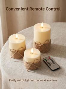 Vintage Rope Style 3pcs/Set LED Flameless Electronic Pillar Candles, Remote Control, Timer, Battery Operated, Suitable For Wedding, Halloween, Garden Decor, Party, Home Decor, Table Decor, Christmas Decoration For Holiday Party - White - View 8