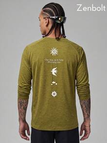 Zenbolt Men's Crew Neck Long Sleeve Top, Raglan Sleeve Cut, Chest Slogan Letter Print,Heather Soft Fabric, Slim Fit For Daily Casual Matching - Olive Green - View 3