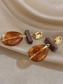 Luxuy Retro Amber Large Asymmetric Petal Drop & Wooden Dangle Earrings, Gold Jewelry Gift, For Daily Party Birthday Valentine's Day, Boho/Y2K - Multicolor - View 3