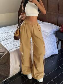 Women's Solid Color Elastic Waist Pocket Casual Versatile Daily Wear Cargo Pants - Khaki - View 6