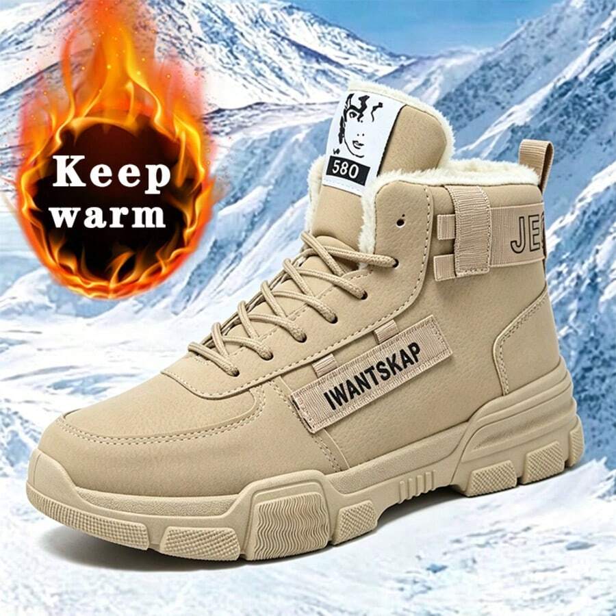 1 Pair Men's Fashion Outdoor Snow Boots, Suitable For Winter Warmth, Comfortable Round Toe Design - Beige - View 1