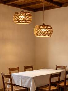 Bohemian Handwoven Rattan Lampshade, 19.31" - Perfect For Kitchen Island, Dining & Living Room Decor - Hollowed-out Semicircle - View 3