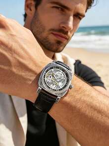 Herren-Armbanduhr in Schwarz aus Zinklegierung, Business-Stil, leuchtend, graviert, Automatik-Tourbillon, skelettiert, mechanisch - Schwarz - Übersicht 11