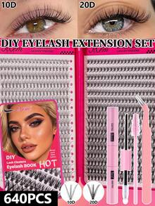 MEM 640/576/416 Stück D-Curl Kunstnerz Cluster Wimpern, 9-16mm gemischte Länge, dick, flauschig, leicht, wiederverwendbar, DIY Einzelwimpern für alle Make-up-Stile, optional Kleber, Entferner & Pinzette, kostengünstiges Anfänger-Wimpern-Set für alle Anlässe - Schwarz - Übersicht 16