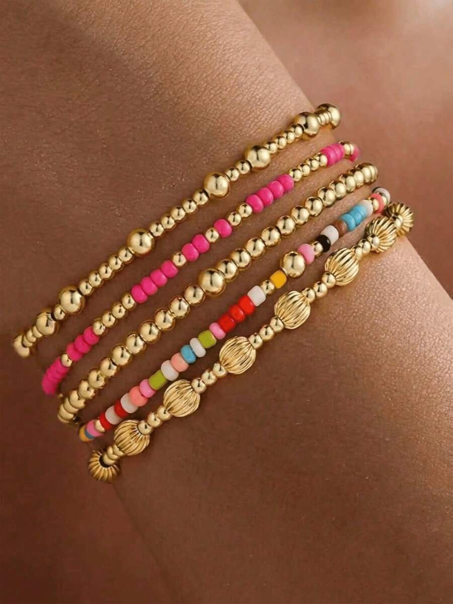 5pcs Bohemian Handmade Beaded Colorful Gold CCB Beaded Bracelet Set, Suitable For Daily Wear, Vacation, Commuting, Gift For Friends And Girlfriend (Peach And Gold Beads Randomly Arranged, Please Order Carefully If You Mind) - Multicolor - View 1