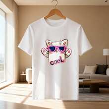 Casual Street Style Men's T-Shirt, Pink Sunglasses Cool Cat Graphic, Summer Daily Wear, 100% Cotton, Fun Animal Print Tee - White - View 3