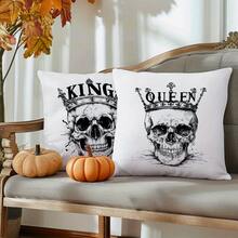 2pcs White Background Vintage Sketch Crown Skull Print Halloween Decorative Pillow Covers, Dark Vintage Style Bedroom Decor | Living Room Decor | Room Decor, Polyester Square Single-Sided Printed Cushion Covers, Living Room Sofa Homestay Window Halloween Party Personalized Autumn/Winter Soft Decoration, Zipper Closure Without Pillow Insert - Black and White - View 3