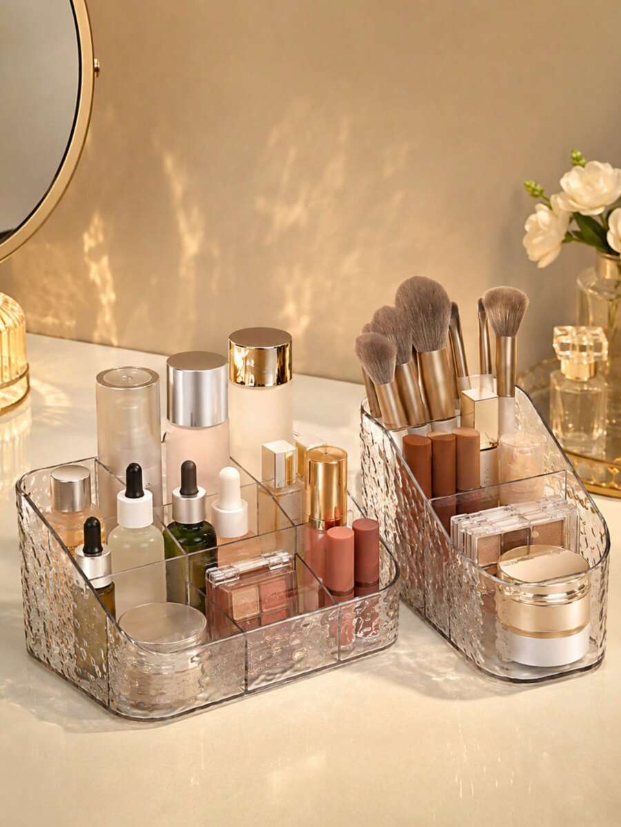 1pc/Set Transparent PET Acrylic Cosmetic Storage Box, Multi-Compartment Desktop Cosmetic Organizer, Dustproof & Waterproof Cosmetic Storage Box, Suitable For Lipstick, Brushes, Skincare, Perfume, Transparent Vanity Organizer, Home Use Gift,Bedroom Room Decor,Back To School - Multicolor - View 1