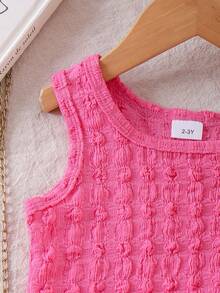 2pcs/Set Young Girl' Sweet Girly Style Fuchsia Vest + 3D Bow Denim Skirt Set, Summer - Hot Pink - View 3