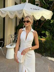 Vestido largo ajustado de un solo color con cuello halter, abertura alta y abotonadura sencilla, estilo elegante de moda para vacaciones, primavera, verano y otoño, para invitada de boda, blanco - Blanco - Ver 11