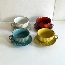 Aesthetic Retro Speckled Vertical Fluted Ceramic Cup & Saucer Set 250ml Standard Latte Tea Mug Vintage Turquoise Porcelain Table Decor For Breakfast Afternoon Tea Coffee Gift - Multicolor - View 11