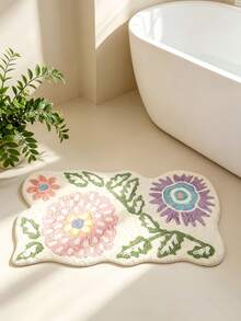 Wavy Asymmetrical Floral Pattern Bathroom Rug | Soft Lines With Natural Feel, French Country And Cream Style, Suitable For Wooden Decor, 1m Thick, Fluffy And Soft, Comfortable Foot Feel, Faux Cashmere Soft Bathroom Rug, Non-Slip Bottom, Versatile Soft Door Mat, Makeup Mat, Porch Mat And Patio Mat, Cozy Entryway Mat, Bathroom Rug, Bathtub Rug, Home Bedroom Rug, Bay Window, Balcony, Bedside Blanket, Office Desk Rug, Living Room Indoor/Outdoor Rug, Washing Machine Rug, Machine Washable - contracted design - View 7