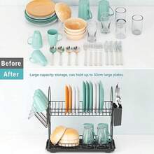 2-Tier Black Kitchen Dish Drying Rack, Automatic Drainage, Rust-Proof, With Utensil Holder, For Drying Dishes, Space-Saving Kitchen Storage Organizer - Multicolor - View 4