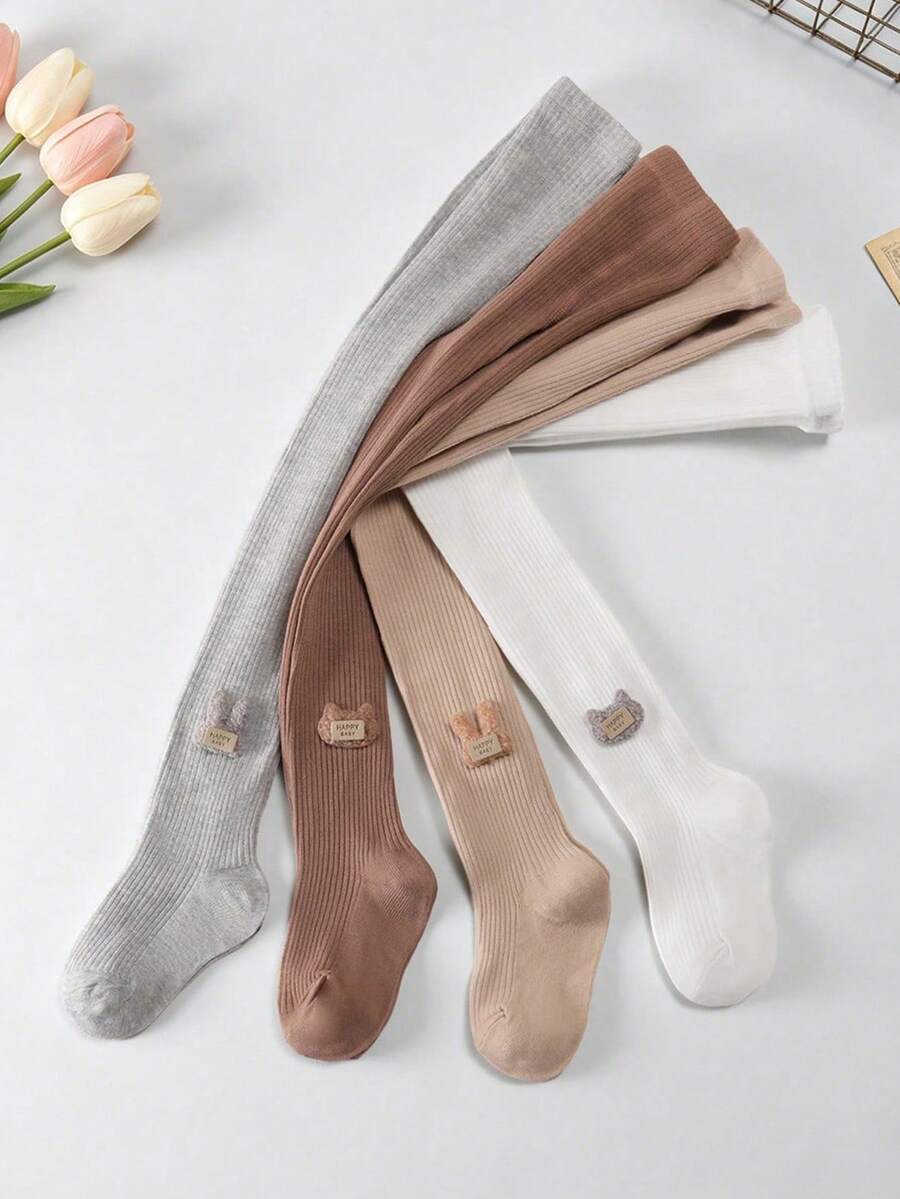 4 Pairs Baby Girls Vertical Stripe Rabbit & Cat Pattern Leggings Tights, Solid Color, Casual Versatile, Suitable For All Seasons, Back To School