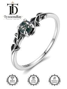 Tysoendlay 1 pieza Anillo de promesa de plata de ley 925 estilo bohemio con ágata natural y hoja de musgo, anillo de boda con piedra de nacimiento, regalo de joyería para mujer, regalo de aniversario - Plata antigua - Ver 6