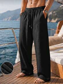Celana Panjang Pria Linen Hitam Murni Model Lebar, Tali Serut Elastis, Bernapas, Cocok untuk Pantai, Liburan, Sehari-hari, Musim Panas, Celana Panjang Kasual Longgar Model Lurus, Olahraga, dan Musim Gugur. - Hitam - View 1