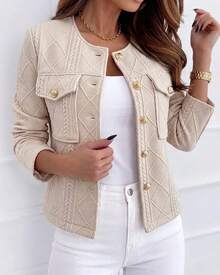 ChicMe Jaket Pendek Wanita Rajut Motif Berlian dengan Kancing Emas, Saku Lipat, Leher Bulat, Pakaian Kasual Elegan untuk Perjalanan ke Kantor - Khaki - View 7