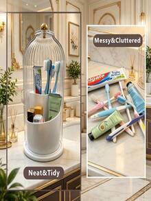 Makeup Brush Storage Rack With Lid | 360° Rotating Dust-Proof ABS Storage Box, 3-Compartment Sliding Cover Toothbrush Holder, Non-Slip Base Design; Multi-Functional Space-Saving Storage Tube, Can Store Makeup Brushes, Toothpaste, Suitable For Vanity, Bathroom, Home, Dorm, Apartment - Multicolor - View 3