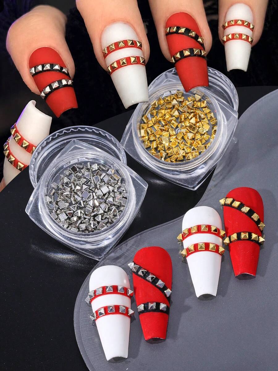 1/2Boxes Alloy Square Pyramid Nail Rivets 3D Metal Spike Nail Studs Gold Silver Punk Gothic Nail Charms Mini Square Cone Metal Nails Decor For Y2K Rock Style DIY Salon Manicure Accessories Tools Nail Art Design Supplies - Multicolor - View 1