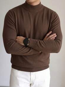 Men's Plus Size Half Mock Neck Knitted Sweater, Solid Color Slim Fit Long Sleeve Pullover Base Layer Knit Top, Autumn/Winter - Brown - View 2