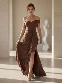 Long Emerald Green Dress In Blue, Green, Red, Marsala, Rose, Olive + Colors For Bridesmaids, Graduates, And Guests. One-Shoulder Design With Flowing Cups, Fits Sizes 36 To 42. - 鏽棕色 - 查看 3