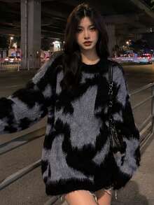 女士不对称拼色毛绒落肩超大毛衣 - 黑色 - 查看 8
