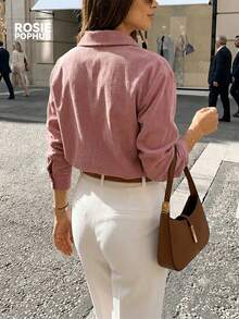 ROSIE POPHUB Women Pink Corduroy Lapel Long Sleeve Shirt Button Front Loose Blouse With Pockets Elegant Commute Daily Top For Fall & Winter - Pink - View 2
