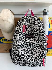 Nylon Backpack, Black And White Leopard Print, Pink Zipper And Logo Patch, Multi-Pocket Large Capacity School Bag, Y2K Style, Suitable For Teenage Girls Daily Campus Outings - Black and White - View 6