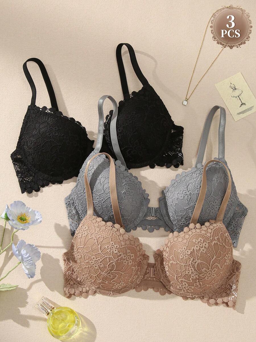 3pcs/Set Lace Women's Lingerie Front Closure Push-Up Summer Cool Sexy Lace Bra