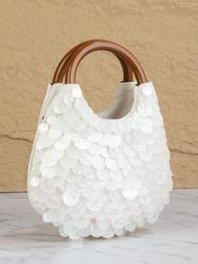 Shell Ring Handle Tote Bag, Pearl Mother Of Pearl Shell Fragments, Mini Portable Handbag, Elegant Romantic Women's Purse, Suitable For Wedding, Beach, Party, Summer Vacation - White - View 11