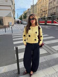 Cardigan Polkadot Vintage Wanita, Sweater Lengan Panjang Leher Bulat Kancing Depan, Cocok untuk Musim Gugur/Musim Dingin - Kuning - View 10
