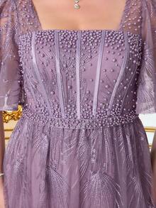 Summer/Fall Plus Size Elegant Dusty Pink Floral Lace Square Neck Flutter Sleeve Belted Beaded Maxi Dress For Wedding Guest, Party, Prom & Festival - Dusty Pink - View 9
