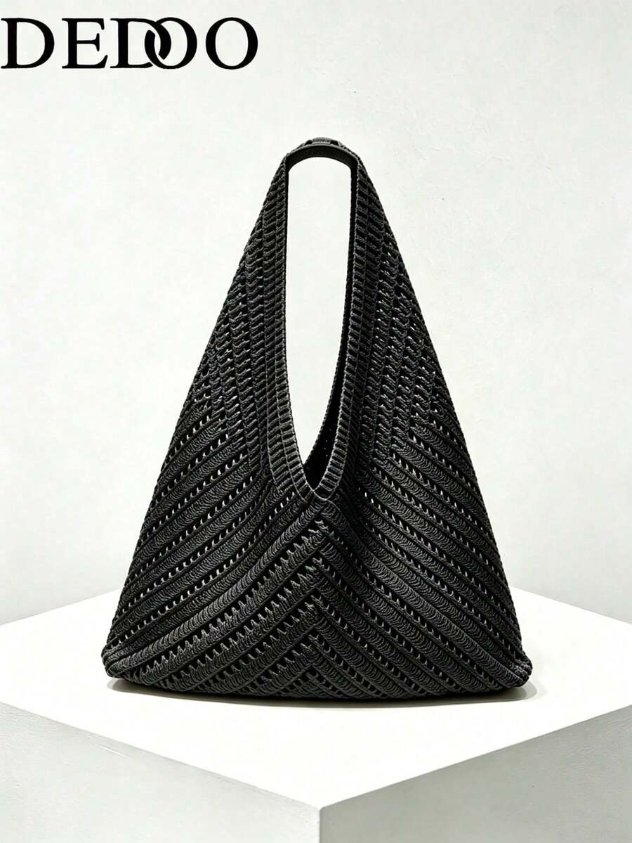 Dedoo 法式大開口餃子造型鉤針編織包,鏤空V型人字紋與菱格紋編織,極簡度假托特包,適合夏季海灘/通勤/購物/約會 - 黑色 - 查看 1