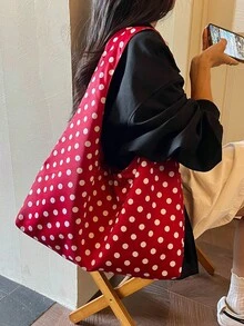 Dedoo 女款大號波希米亞風單肩包，白色波點印花緞面布料，寬肩帶休閒托特包，適合日常購物，春季女裝風格 - 紅色 - 查看 4