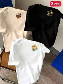 3件組-青少年男孩熱門圖案印花圓領短袖T恤，適合男孩日常穿著、校園穿搭、街頭風、時尚男孩夏季上衣 - 黑色 - 查看 4
