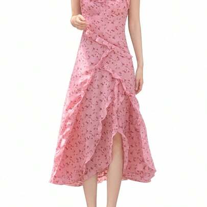 レディース キャミワンピース ロングワンピース マキシ丈 花柄 フリル アシメ スリット シフォン ノースリーブ Aライン スクエアネック リゾート 旅行 デート 大人可愛い フェミニン 体型カバー 着痩せ ピンク